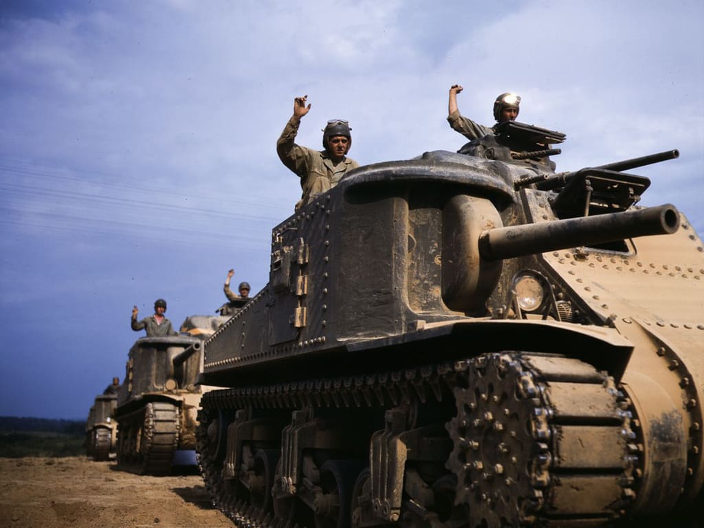 Life at Fort Knox in 1942 - 18. A convoy of M3 tanks make their way through the base