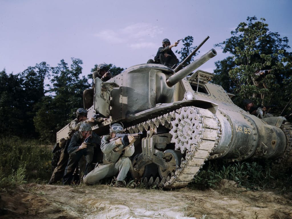 Life at Fort Knox in 1942 - 7. An M3 tank crew practices small arms fire.