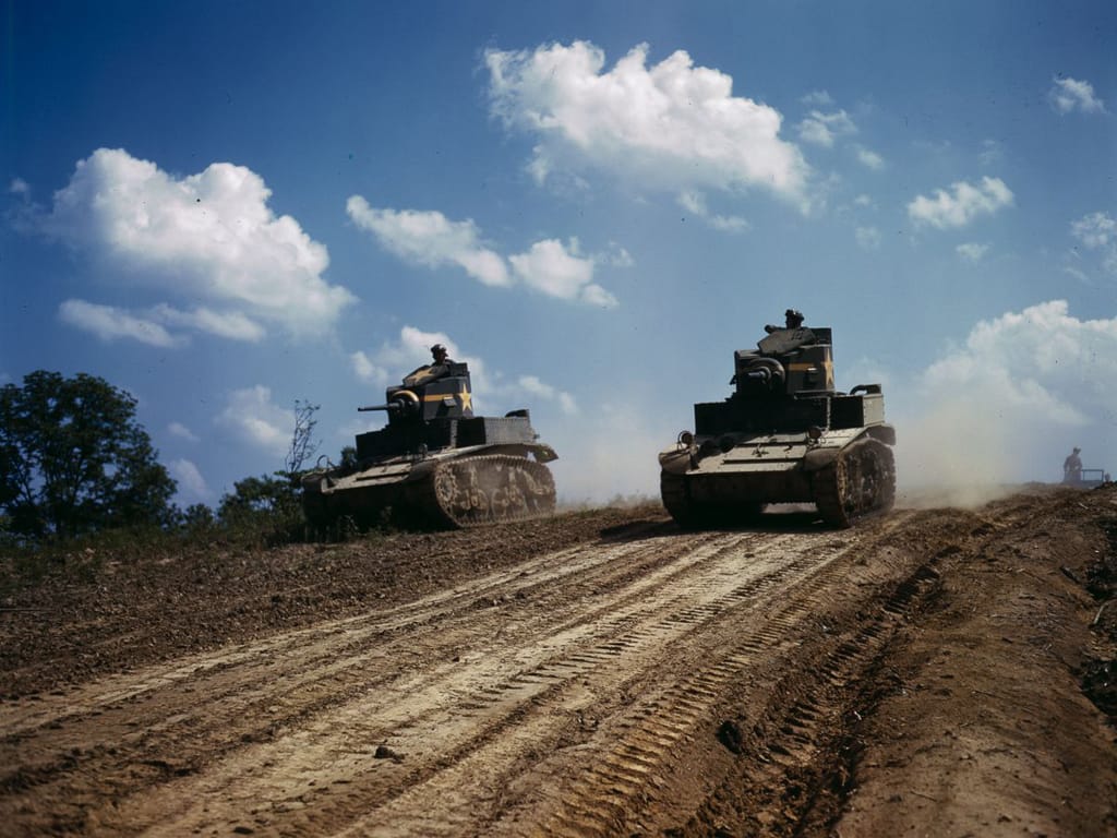 Life at Fort Knox in 1942 - 13. Light tanks performing a joint maneuver.