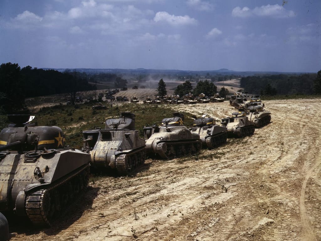 Life at Fort Knox in 1942 - 20. M3 and M4 tanks participating in a big maneuver at Fort Knox.