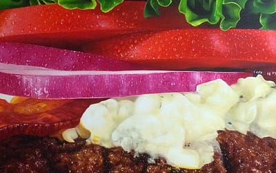 Hyperrealistic paintings of greasy hamburgers by conceptual artist Mike Bouchet