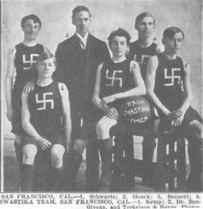 Swastikas in History - The 1908 San Francisco YMCA basketball team proudly displaying their swastikas