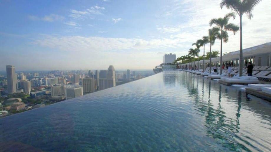24 of the most creepy places on the planet to look down (56 HQ Photos) Atop 57 stories of this triple-skyscraper hotel is an infinity pool, which boasts the most spectacular view of the Singapore skyline.