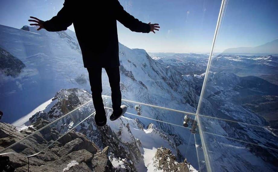 24 of the most creepy places on the planet to look down (56 HQ Photos) Atop the 12,600 foot Aiguille du Midi peak is a glass cage named “Step into the Void.” Visitors enjoy the view of Mont Blanc, Europe’s highest mountain, from what is the world’s highest glass floor.
