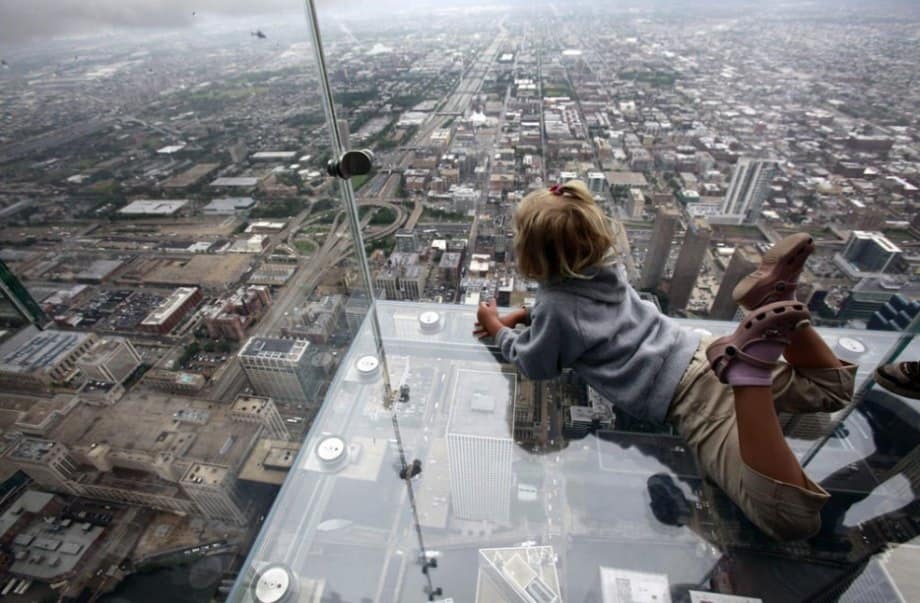 24 of the most creepy places on the planet to look down (56 HQ Photos) “The Ledge” is a glass balcony suspended 1300 feet in the air. And though the glass panes are supposed to hold over 10,000 pounds each, you will recall that just a few weeks ago a glass pane shattered giving a guest the scare of a lifetime. I can only imagine the horror of that moment.